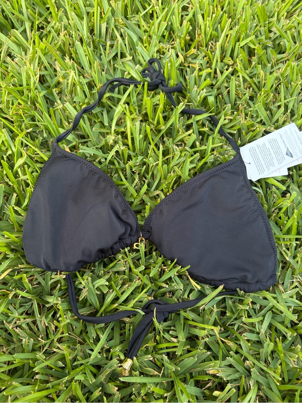 PHAX Black Triangle Halter Bikini Top Gold Logo NWT Large